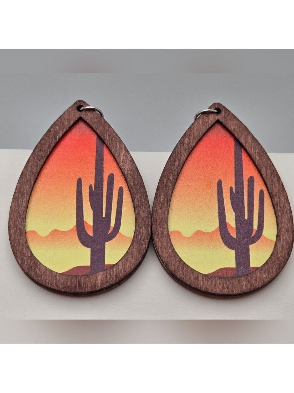 ✨2/$10✨ Handmade Western Wooden Teardrop Cactus Sunset Dangle Earrings